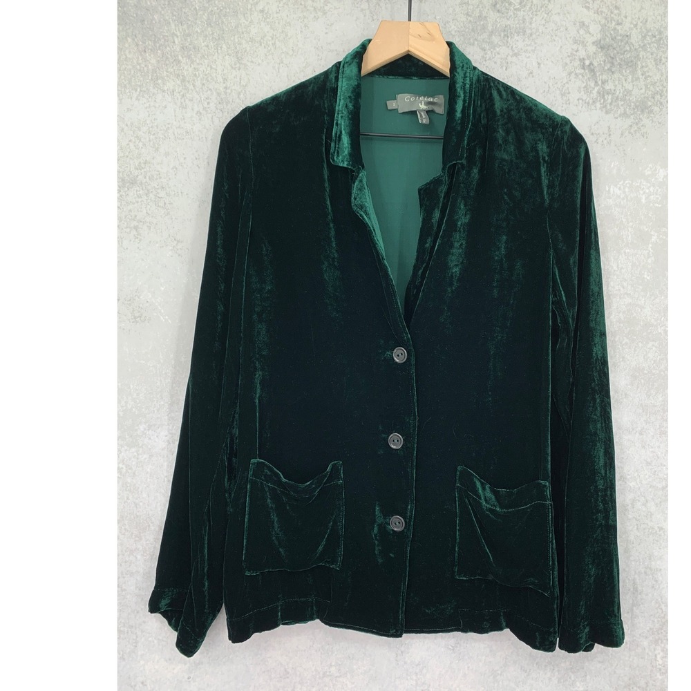 Cotelac Shirt Womens 2 Green Velvet Silk Blend Button Front Pockets Holiday